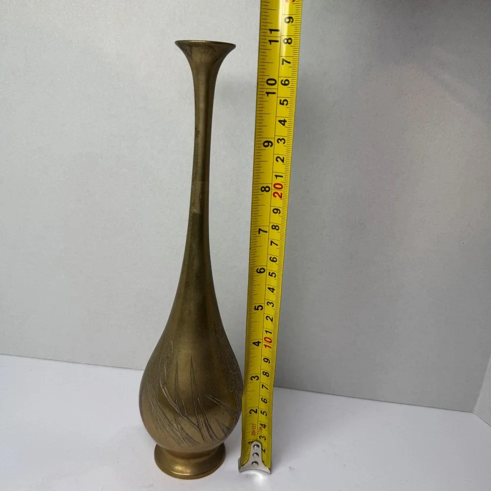 Vintage Solid Brass Bud Vase Tall Etched Floral Design Decorative Accent MCM EUC